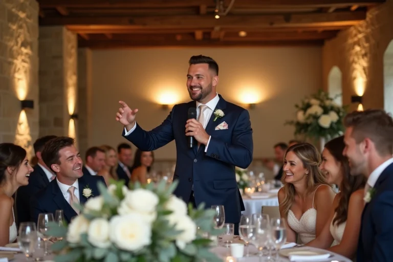 Animateur de mariage souriant avec microphone interagissant avec des invités joyeux dans une salle de réception rustique décorée de fleurs blanches