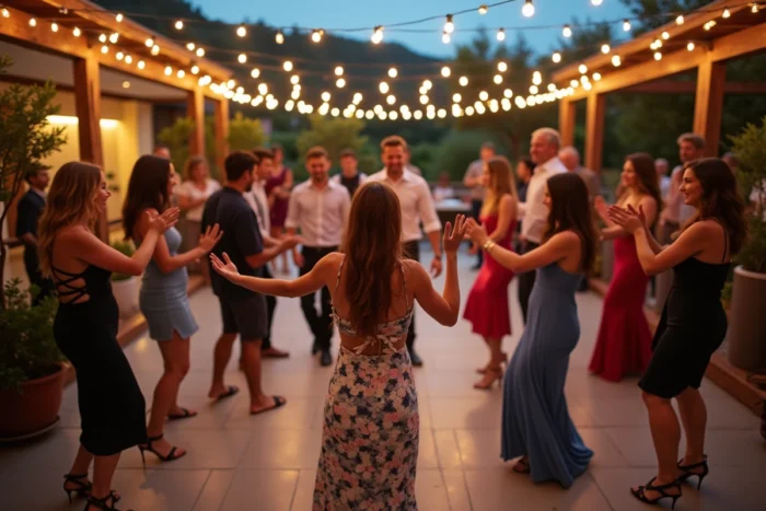 Invités de mariage en train de danser sur une terrasse extérieure décorée de guirlandes lumineuses lors d'une animation festive