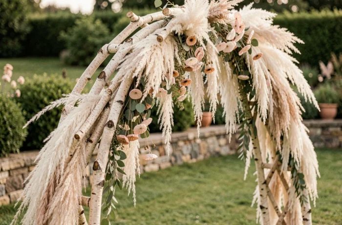 Arche de cérémonie de mariage en branches de bouleau avec herbes de la pampa et fleurs séchées dans un jardin élégant