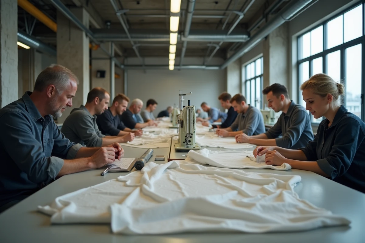 Groupe de créateurs textiles travaillant dans un atelier industriel