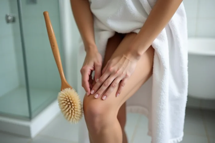 Femme se brossant les jambes à sec avec une brosse en fibres naturelles avant la douche pour relancer la microcirculation
