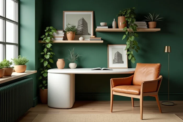 Bureau à domicile tendance avec mur en chaux vert forêt, bureau en plâtre et chaise en cuir cognac