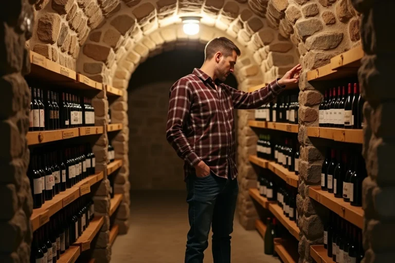 Homme moyenâgeux examine bouteilles de vin dans cave en pierre