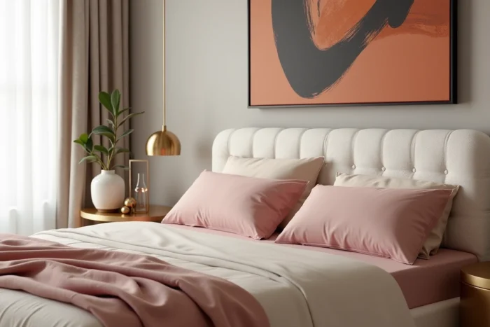 Chambre contemporaine avec tête de lit en bouclé, literie en coton et décoration murale abstraite