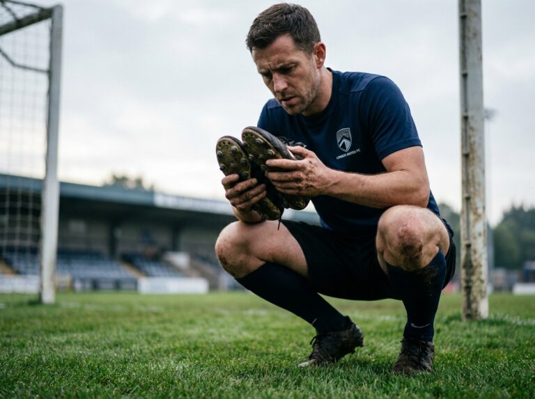 Joueur de football qui examine ses crampons sur un terrain en herbe naturelle avant un match du week-end