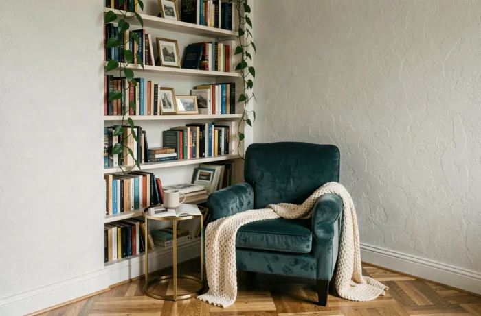 Coin lecture cosy avec fauteuil en velours teal, bibliothèque intégrée et plantes vertes dans un intérieur chaleureux