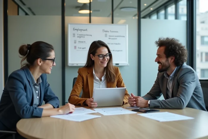 Groupe de collègues discutant de contrats de travail flexibles autour d'une table dans une salle de réunion moderne