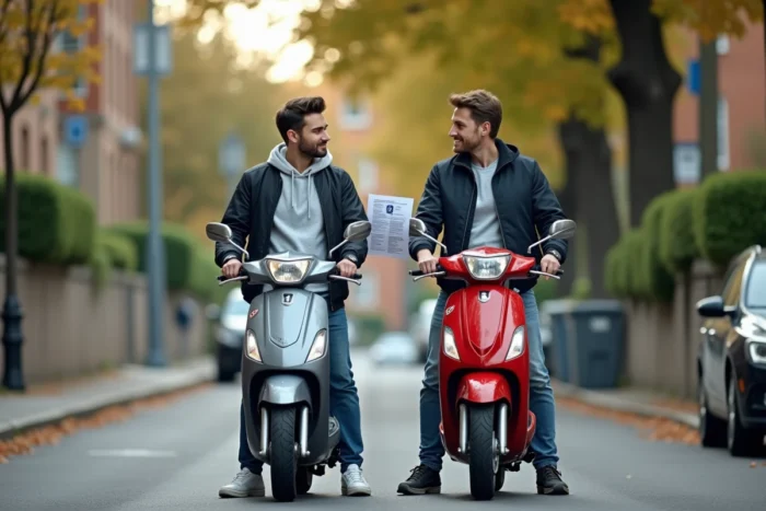 Deux hommes comparant un cyclomoteur 49cc et un scooter 50cc sur un trottoir de ville européenne