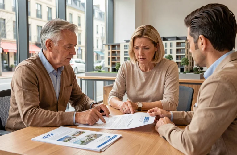 Couple examinant un contrat VEFA avec un conseiller immobilier dans une agence moderne