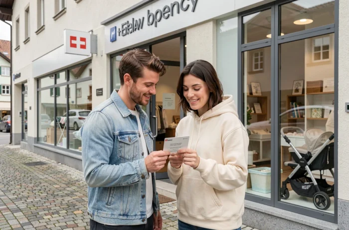 Couple consultant les coordonnées d'un magasin spécialisé en puériculture devant une boutique en Suisse