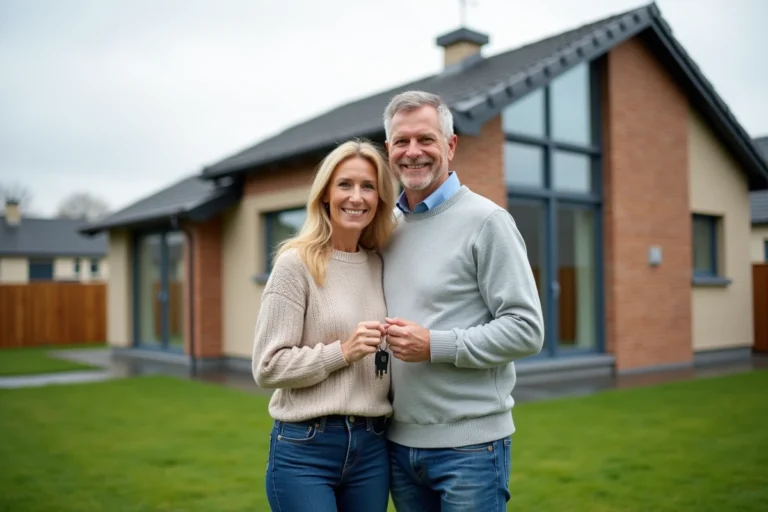Couple souriant devant leur maison moderne avec clés