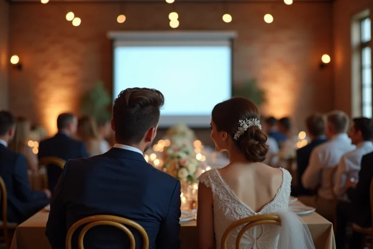 Couple de mariés regardant un diaporama de mariage projeté dans une salle de réception élégante, souriant avec émotion