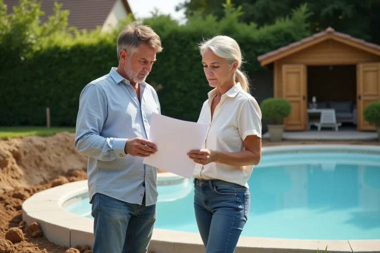 Couple discutant près d'une piscine en construction dans un jardin français