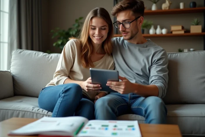 Coppia di giovani adulti che cerca i prodotti più economici su un tablet nel loro soggiorno per risparmiare