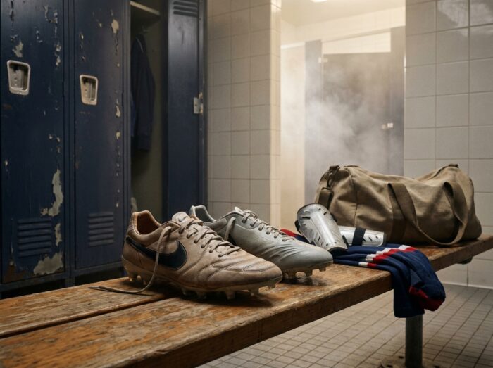 Paire de crampons de football posée sur un banc de vestiaire avec équipement sportif autour