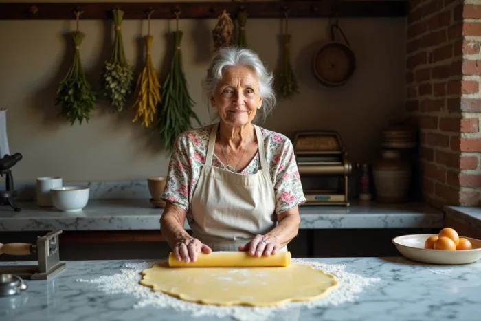 Grand-mère italienne préparant des pâtes fraîches maison dans une ferme de l'Émilie-Romagne, tradition culinaire italienne