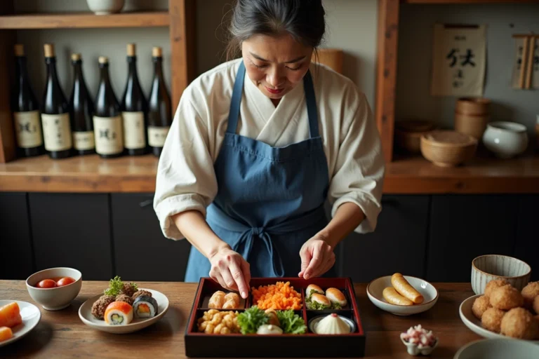 Femme japonaise préparant un bento traditionnel dans une cuisine de izakaya à Tokyo, plats emblématiques du Japon