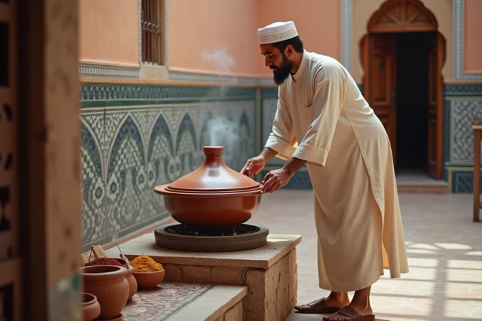 Homme marocain en djellaba préparant un tagine traditionnel dans un riad de Marrakech, gastronomie du Maghreb