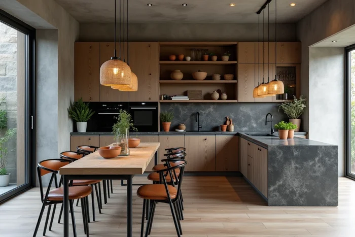 Cuisine et salle à manger style industriel avec table en chêne, mur en béton et suspensions en rotin