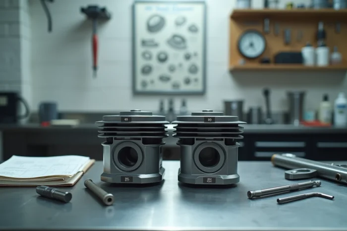 Comparaison de deux cylindres moteur 49cc et 50cc avec instruments de mesure sur table d'atelier