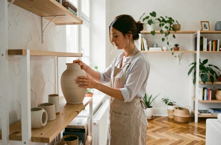 Femme décorant une étagère en bois dans un salon scandinave épuré avec des plantes et des céramiques