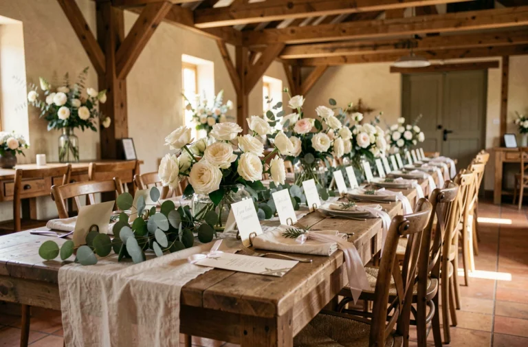 Table de mariage élégante avec décoration rustique champêtre, roses ivoire et accessoires en laiton dans une grange en pierres