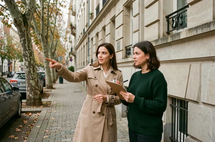 Deux femmes évaluant un immeuble d'appartements en pierre lors d'une visite immobilière dans une rue urbaine