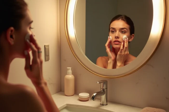 Femme appliquant un baume démaquillant sur son visage le soir pour un double nettoyage de la peau