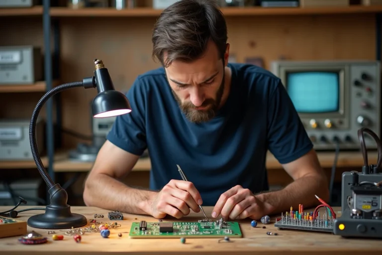Homme en train de souder un circuit électronique sur un établi d'atelier amateur rempli de composants électroniques