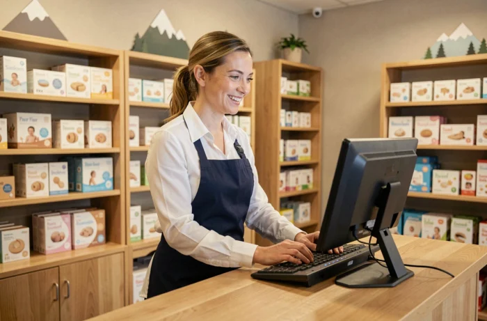 Employée d'un magasin de puériculture suisse répondant aux demandes de contact en ligne depuis le comptoir