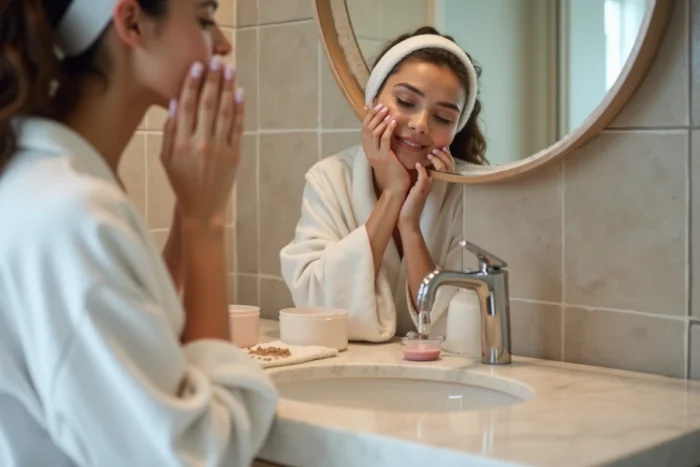 Femme appliquant un soin exfoliant doux sur son visage en mouvements circulaires pour une exfoliation hebdomadaire douce