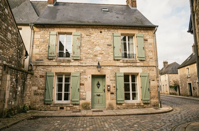 Façade en pierre d'une maison de bourg française typique avec volets en bois et toit en ardoise sur rue pavée