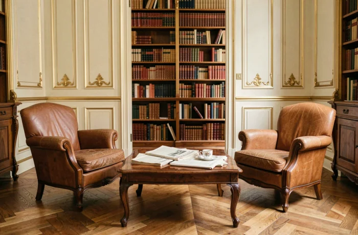 Deux fauteuils en cuir vintage vides face à face dans un salon parisien avec journaux français et tasses à espresso, évoquant une conversation privée