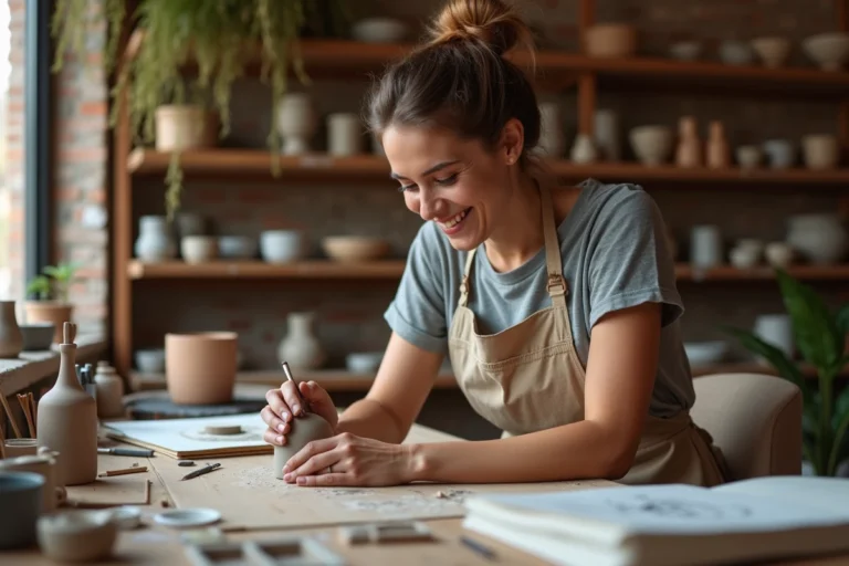 Femme artiste concentrée en train de sculpter de l'argile dans son atelier créatif, entourée de ses œuvres céramiques