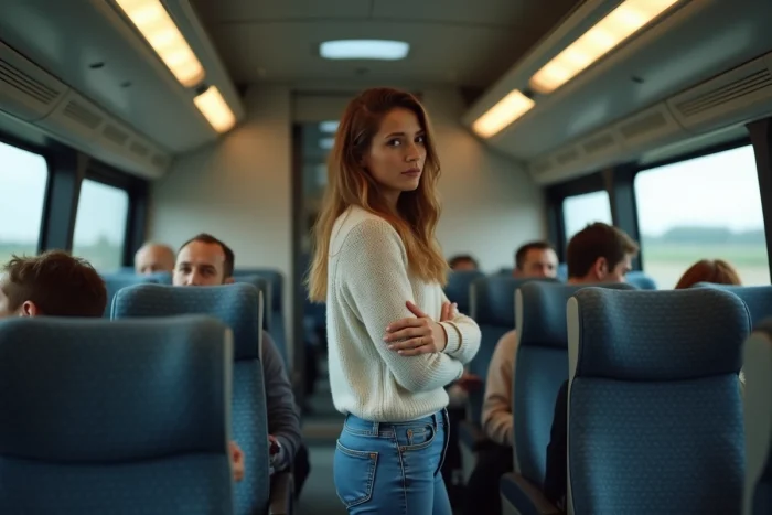 Femme patientant dans un bus de voyage moderne