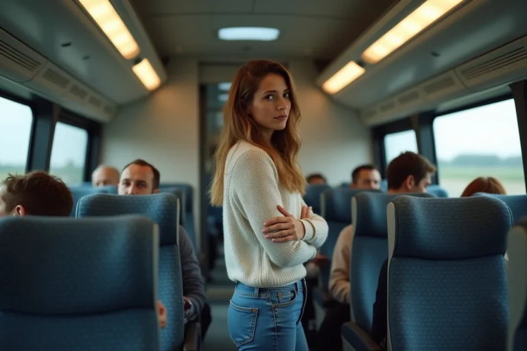 Femme patientant dans un bus de voyage moderne