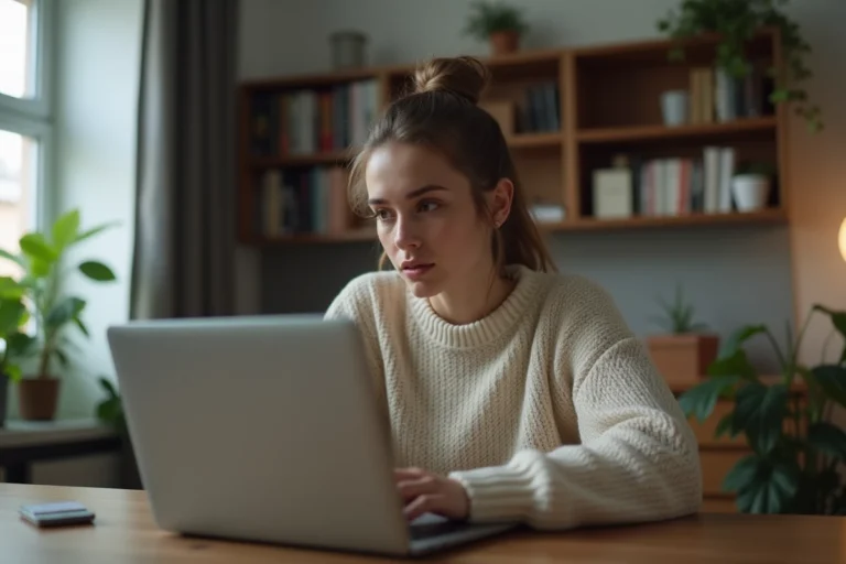 Jeune femme regardant un ordinateur pour streaming de films