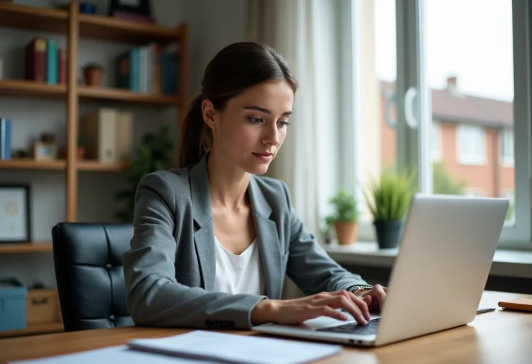Jeune femme au bureau à domicile avec ordinateur et étagères