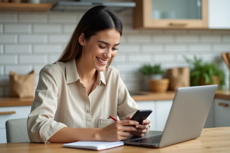 Femme comparant les prix de produits sur ordinateur portable et smartphone dans une cuisine moderne pour faire des économies