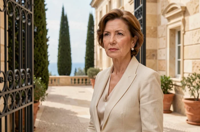 Femme élégante en blazer crème devant les grilles d'un palais monégasque avec vue sur la mer Méditerranée