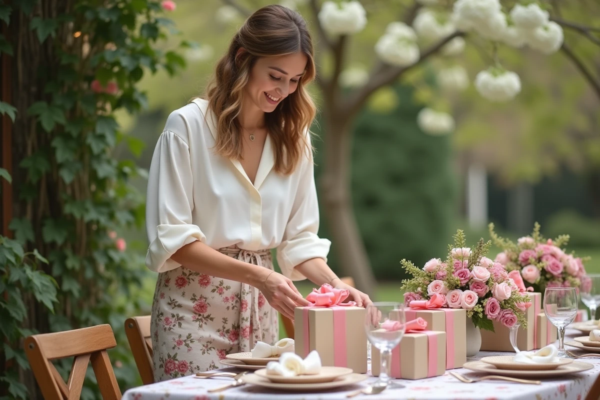 Femme plaçant des cadeaux sur une table extérieure