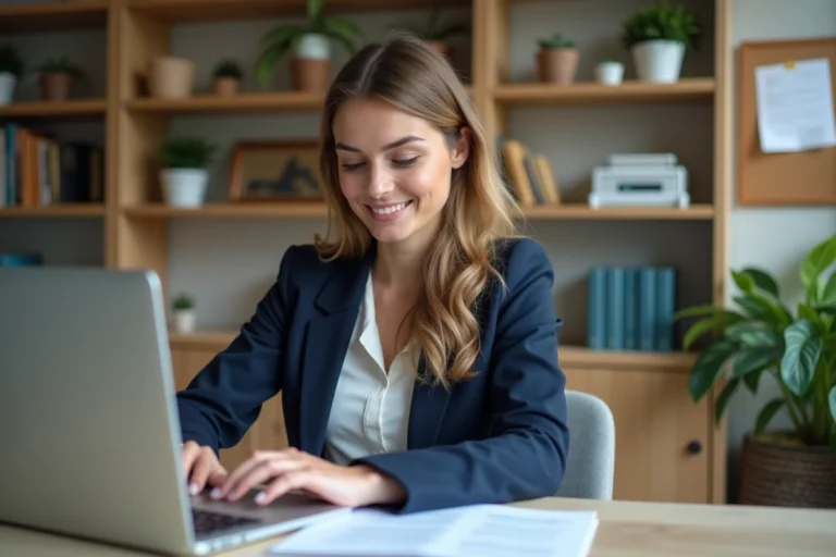 Femme en bureau moderne travaillant sur un ordinateur portable