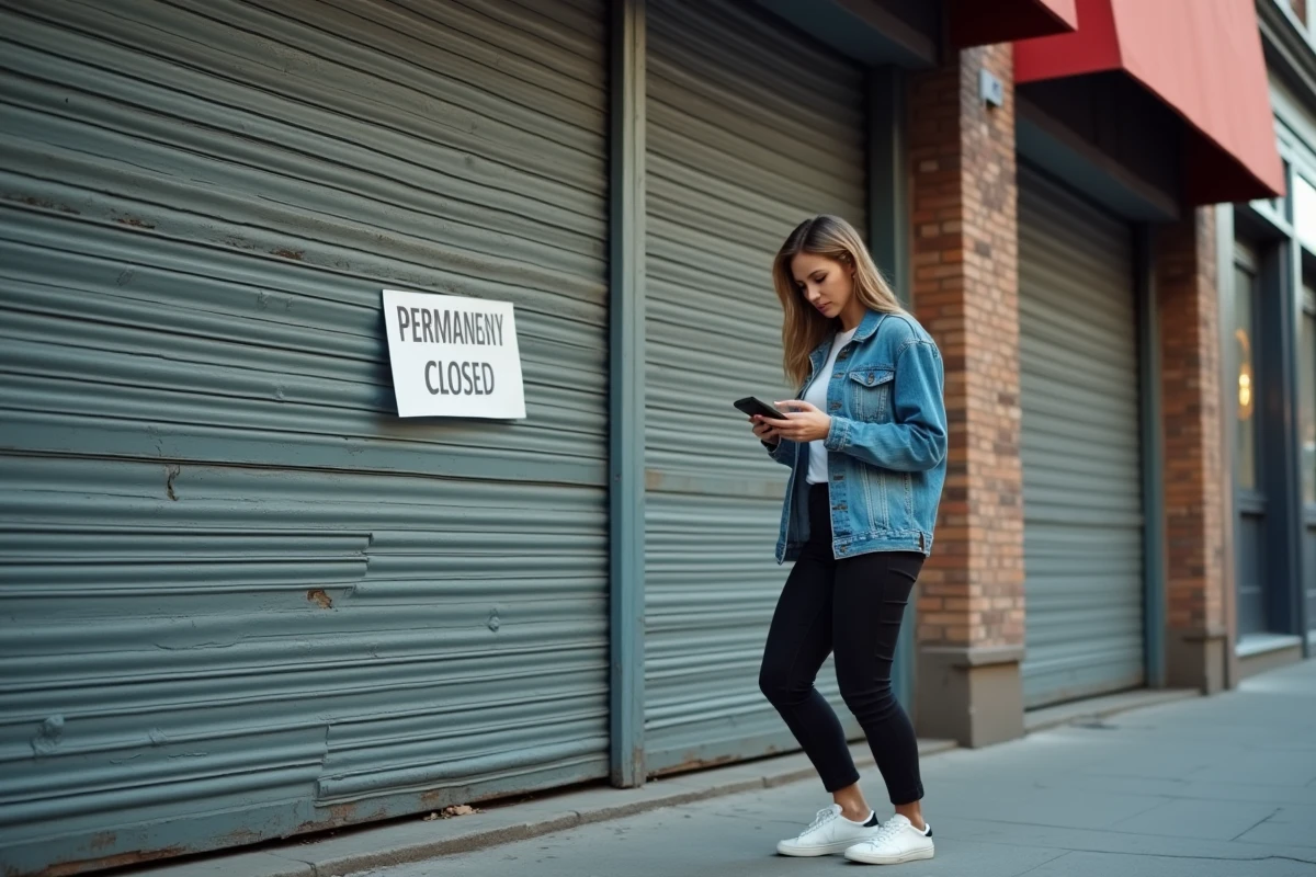 Femme regardant un panneau de fermeture de magasin