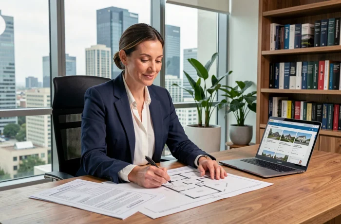 Femme professionnelle étudiant des plans immobiliers et documents d'investissement dans un bureau contemporain élégant