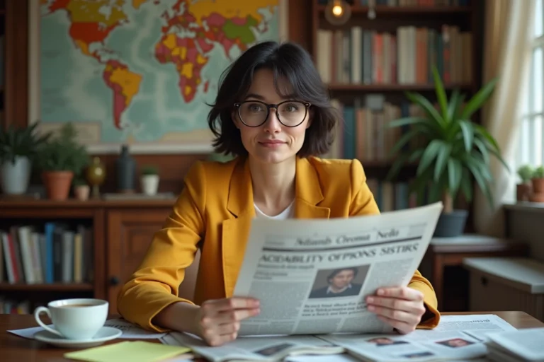 Femme journaliste amusée lisant des actualités insolites à son bureau encombré de coupures de presse