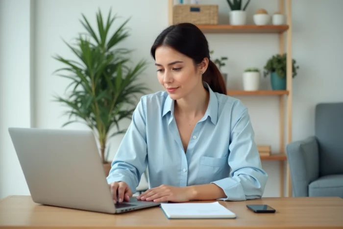 Femme consultant un planning de travail flexible sur ordinateur portable dans un bureau à domicile moderne