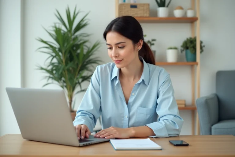 Femme consultant un planning de travail flexible sur ordinateur portable dans un bureau à domicile moderne