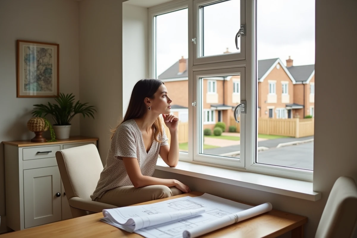 Jeune femme regardant plans dans maison neuve