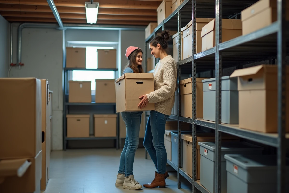 Jeune femme organise boîtes dans sous-sol propre et moderne