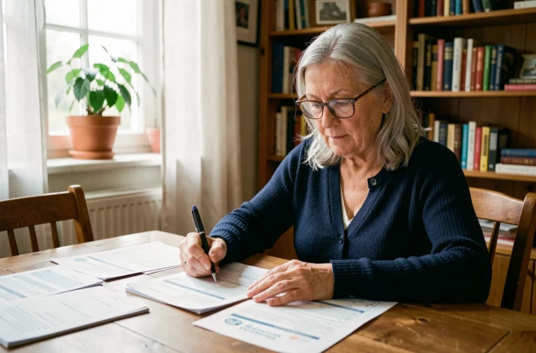 Femme senior en train de consulter des documents de retraite et dossiers Carsat à la maison